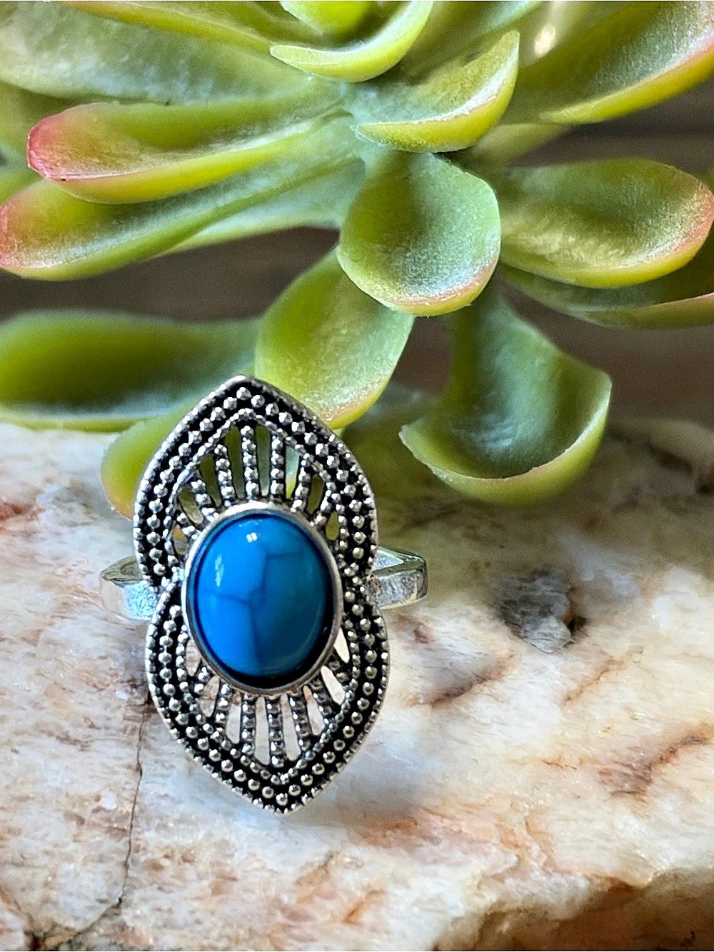 Boho Silver Tone Blue Stone Statement Ring size 715